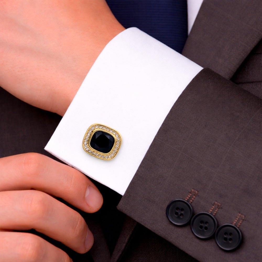 Gold-Tone Cufflinks with Blue and Black Cushion-Cut Crystal and White Rhinestone Halo, Square, Formal Wear