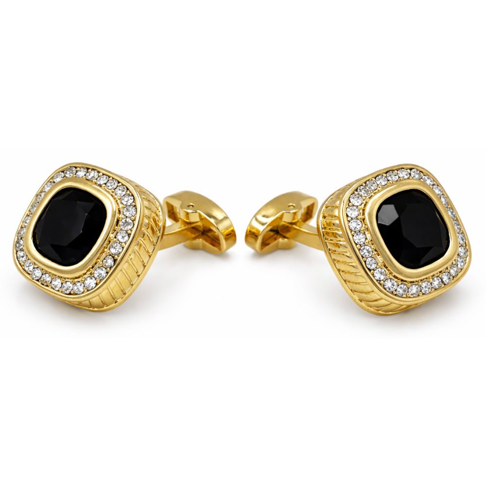 Gold-Tone Cufflinks with Blue and Black Cushion-Cut Crystal and White Rhinestone Halo, Square, Formal Wear