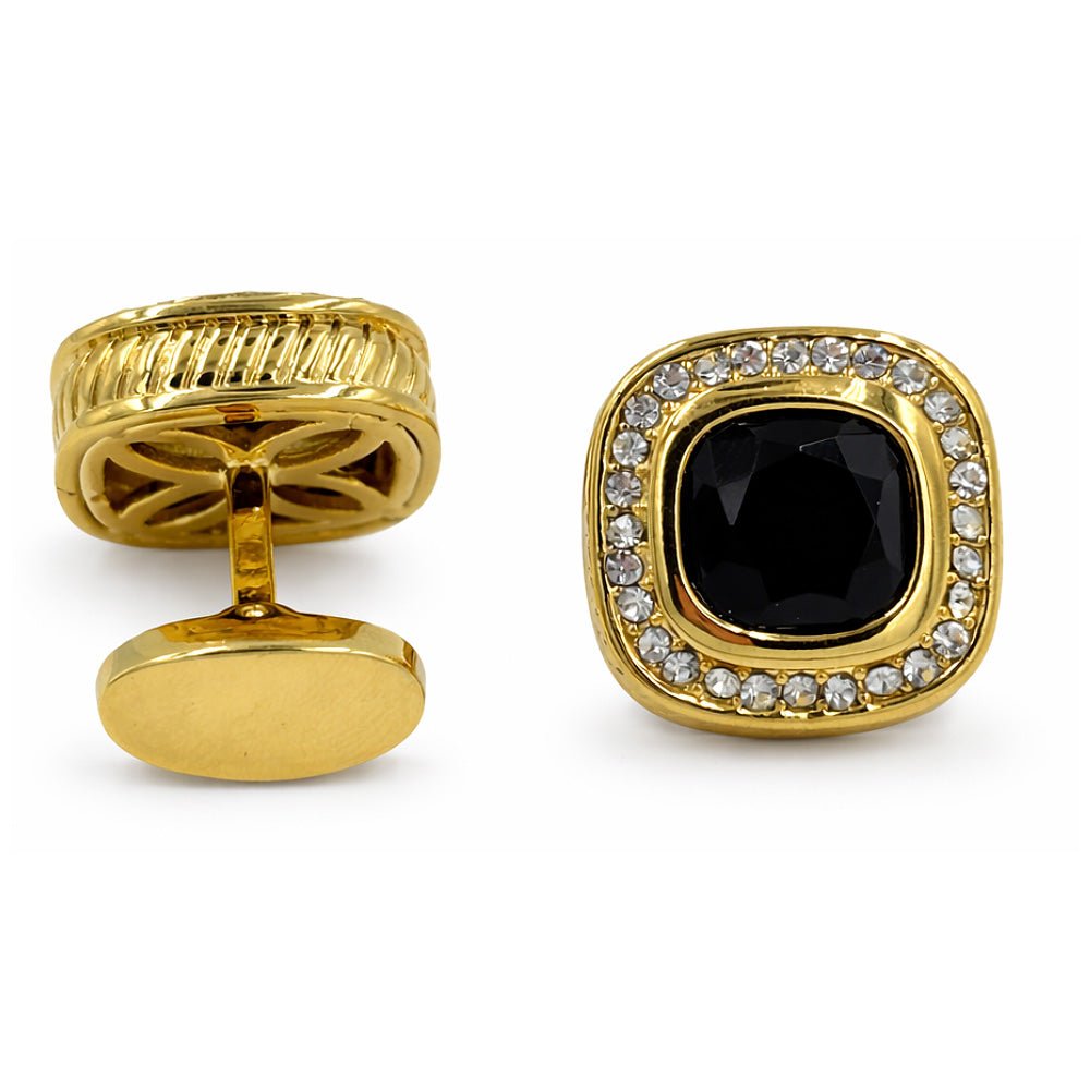 Gold-Tone Cufflinks with Blue and Black Cushion-Cut Crystal and White Rhinestone Halo, Square, Formal Wear