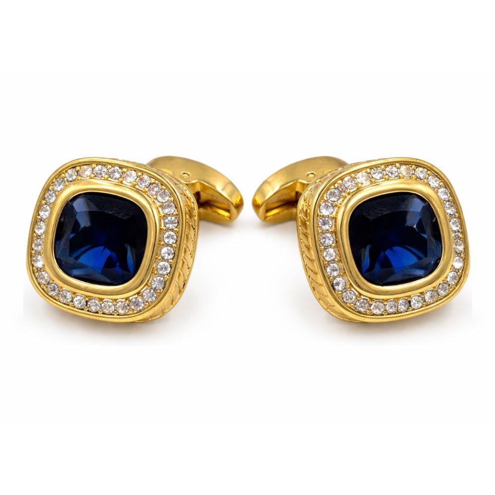Gold-Tone Cufflinks with Blue and Black Cushion-Cut Crystal and White Rhinestone Halo, Square, Formal Wear