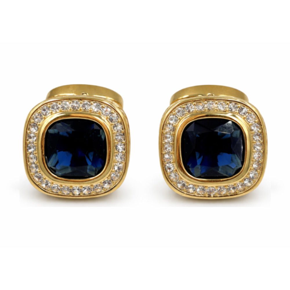 Gold - Tone Cufflinks with Blue and Black Cushion - Cut Crystal and White Rhinestone Halo, Square, Formal Wear - Lucas Lia