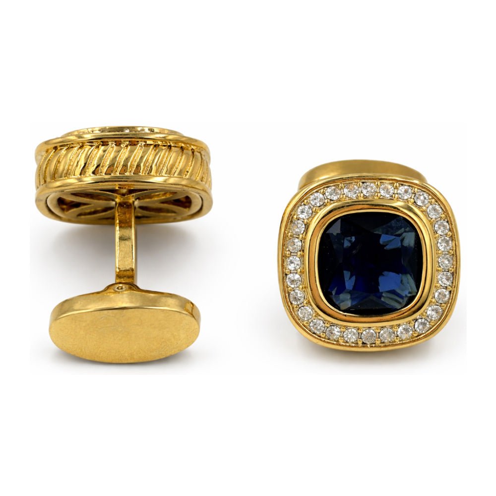Gold-Tone Cufflinks with Blue and Black Cushion-Cut Crystal and White Rhinestone Halo, Square, Formal Wear