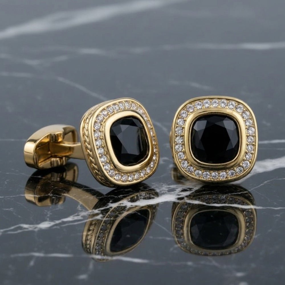 Gold-Tone Cufflinks with Blue and Black Cushion-Cut Crystal and White Rhinestone Halo, Square, Formal Wear