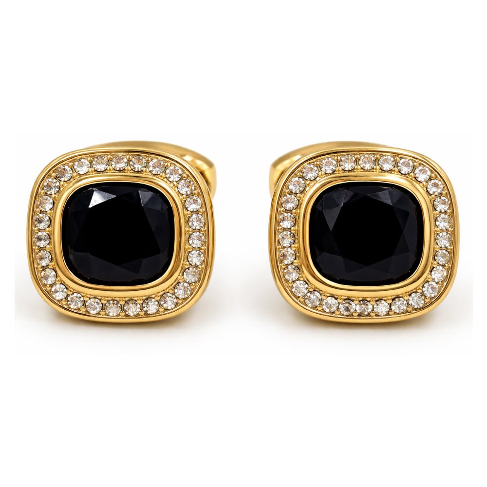 Gold-Tone Cufflinks with Blue and Black Cushion-Cut Crystal and White Rhinestone Halo, Square, Formal Wear
