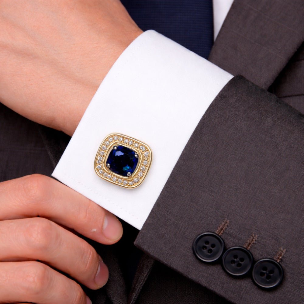 Gold-Tone Cufflinks with Blue and Black Cushion-Cut Crystal and White Rhinestone Halo, Square, Formal Wear