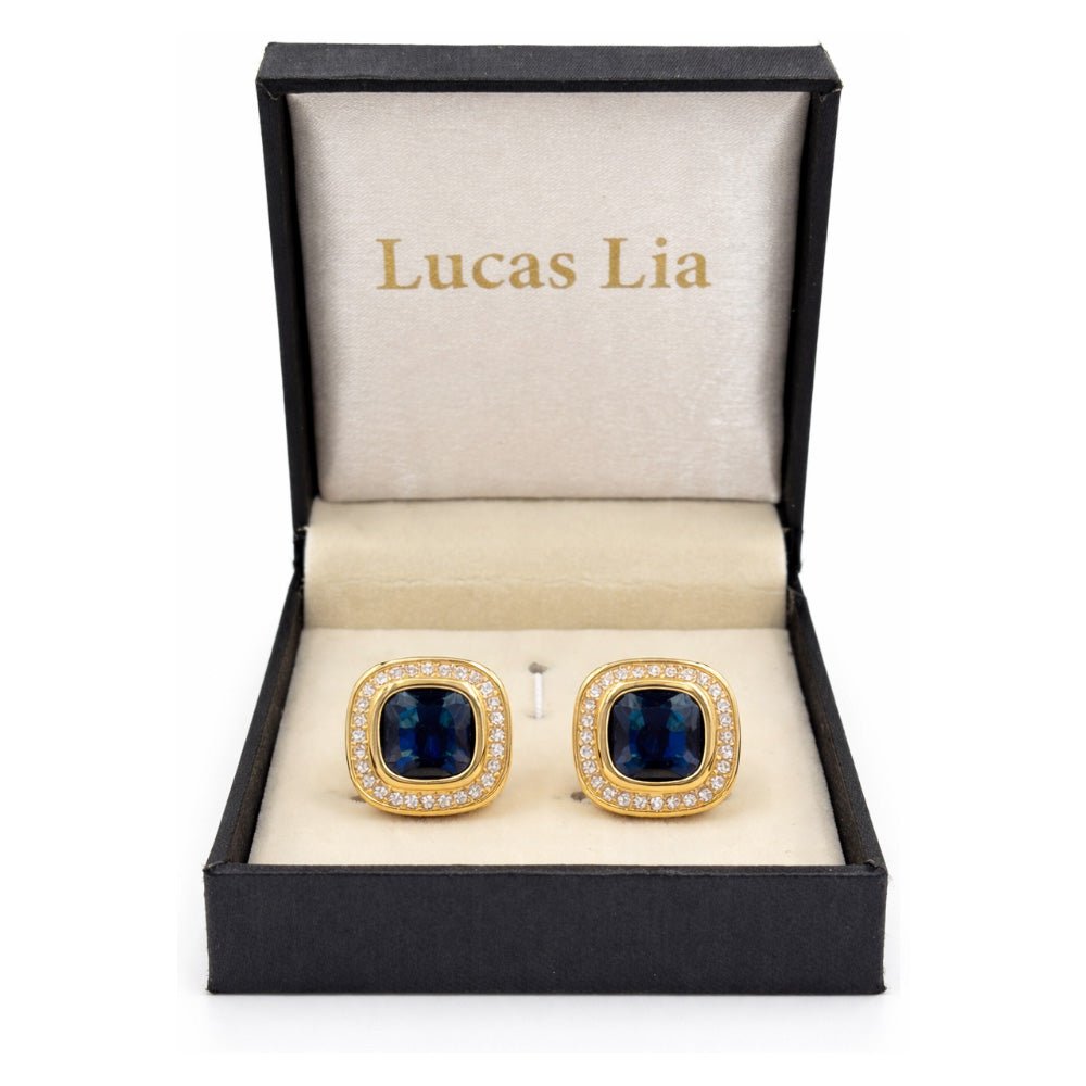 Gold-Tone Cufflinks with Blue and Black Cushion-Cut Crystal and White Rhinestone Halo, Square, Formal Wear