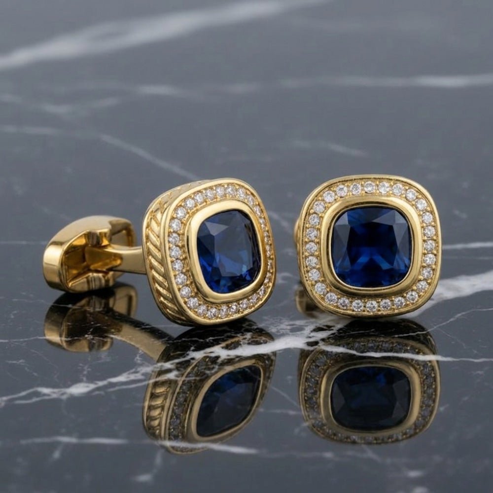 Gold-Tone Cufflinks with Blue and Black Cushion-Cut Crystal and White Rhinestone Halo, Square, Formal Wear