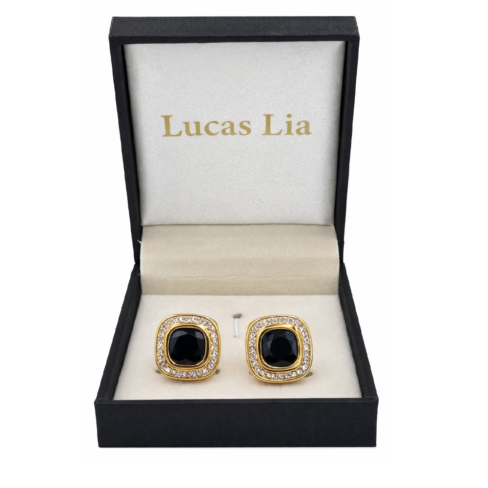 Gold-Tone Cufflinks with Blue and Black Cushion-Cut Crystal and White Rhinestone Halo, Square, Formal Wear