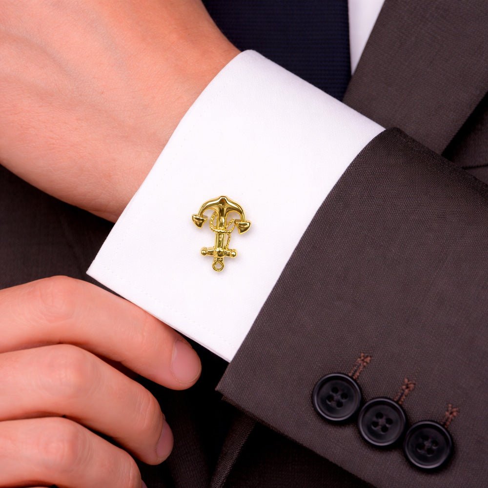 Gold-Tone Nautical Anchor Cufflinks, Men's Formal Accessory, Rope Detail, Polished Finish