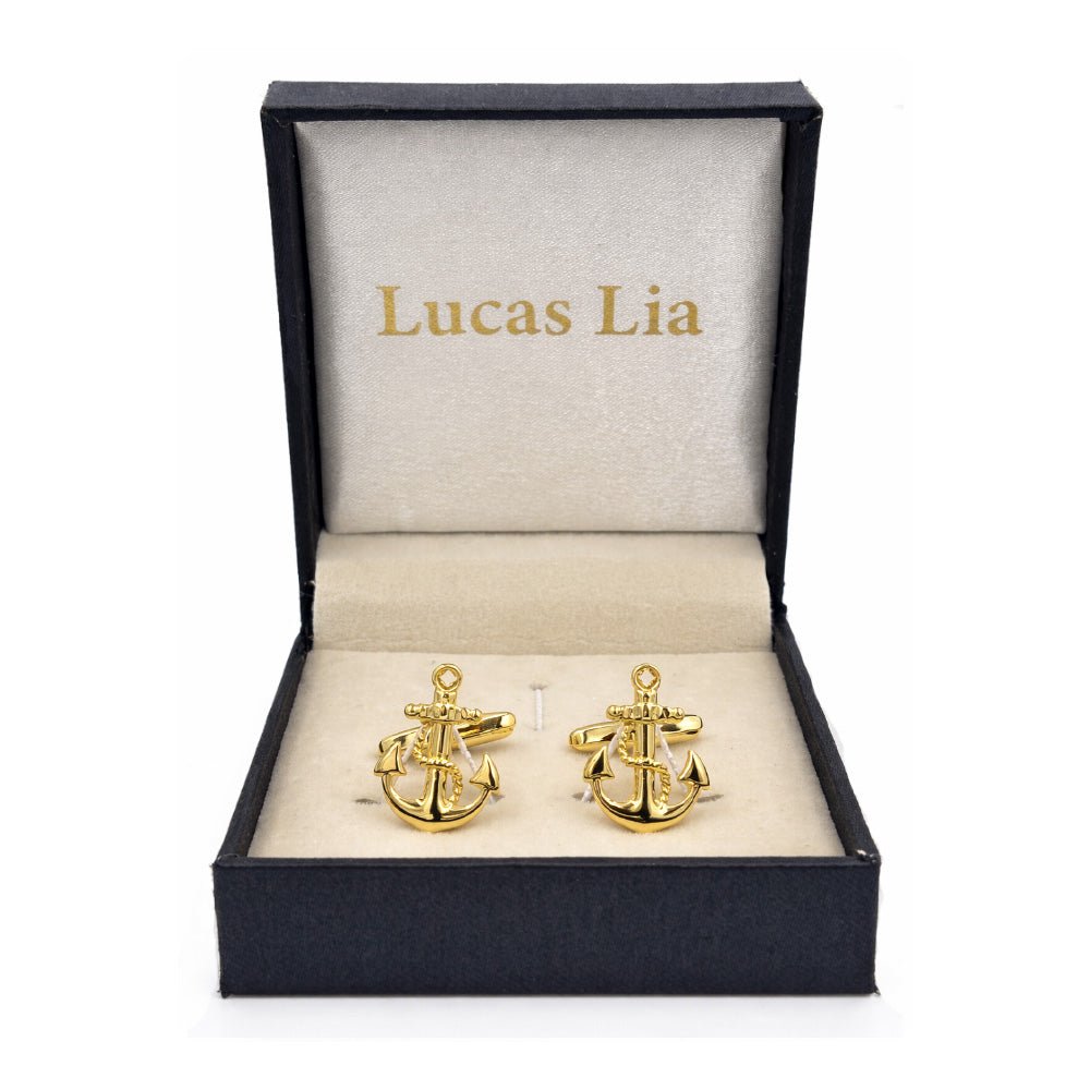 Gold-Tone Nautical Anchor Cufflinks, Men's Formal Accessory, Rope Detail, Polished Finish