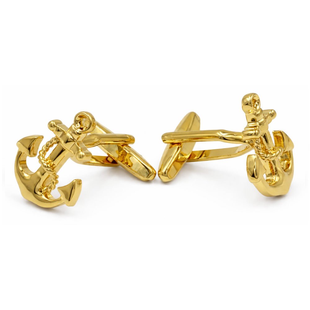Gold-Tone Nautical Anchor Cufflinks, Men's Formal Accessory, Rope Detail, Polished Finish