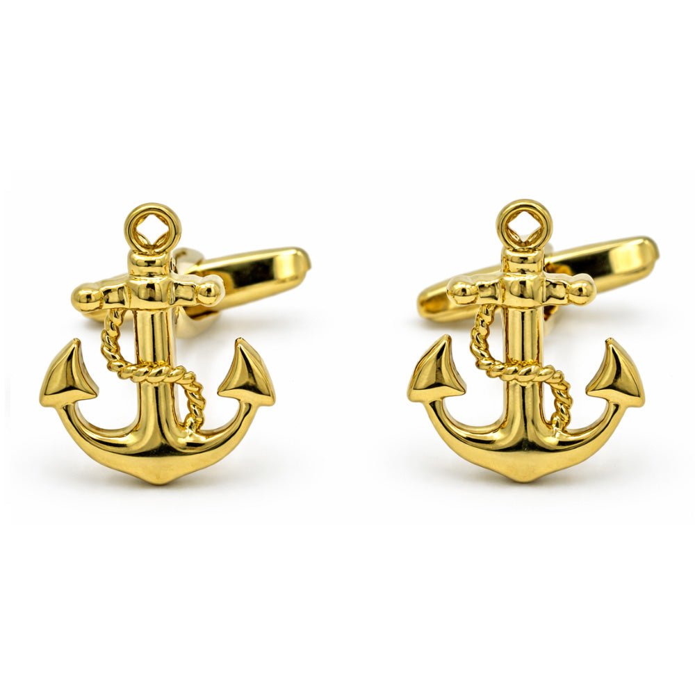Gold - Tone Nautical Anchor Cufflinks, Men's Formal Accessory, Rope Detail, Polished Finish - Lucas Lia