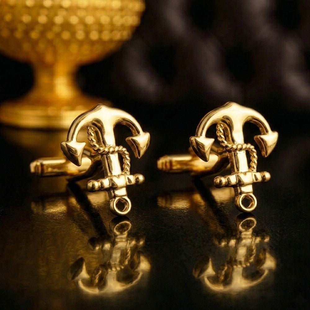 Gold-Tone Nautical Anchor Cufflinks, Men's Formal Accessory, Rope Detail, Polished Finish