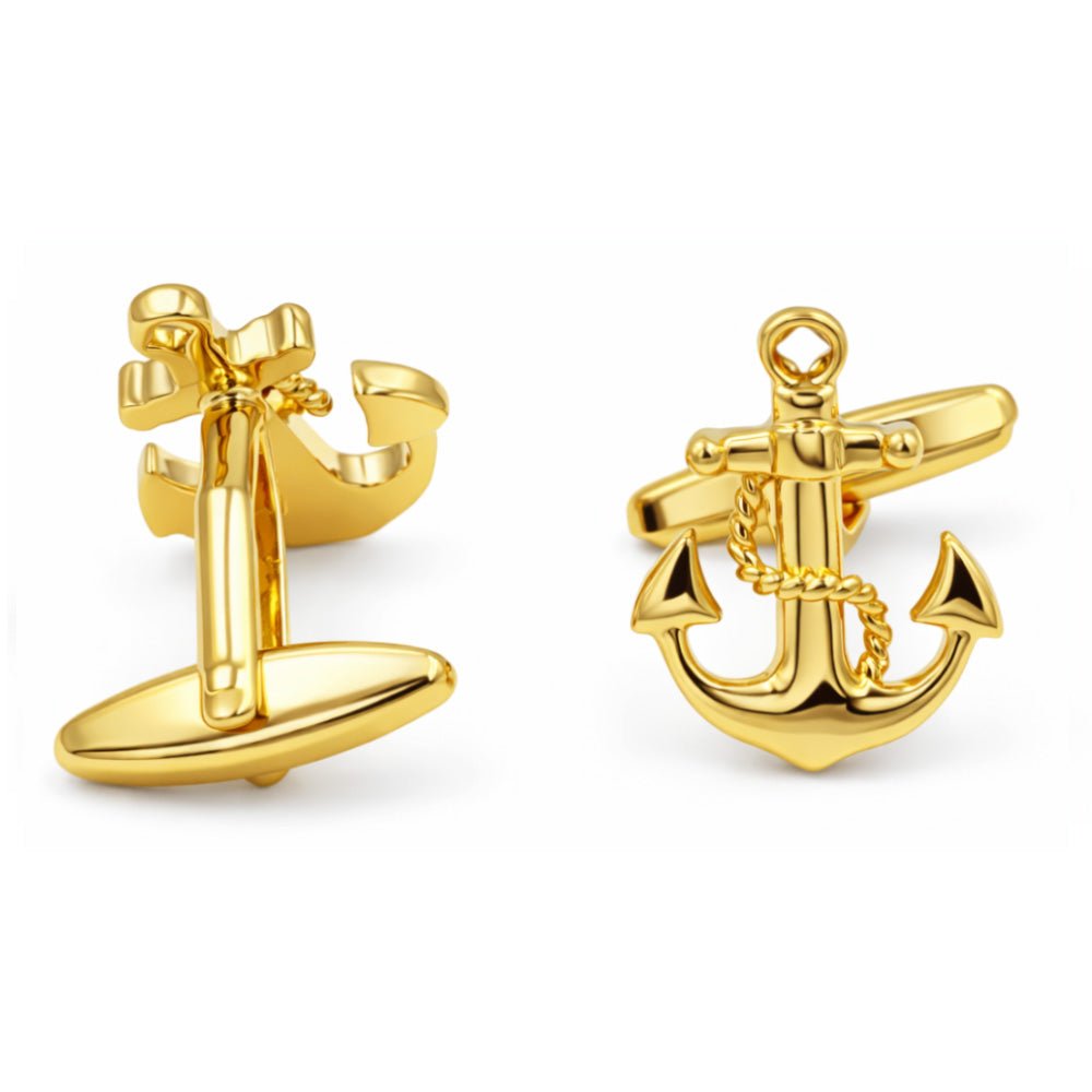 Gold-Tone Nautical Anchor Cufflinks, Men's Formal Accessory, Rope Detail, Polished Finish