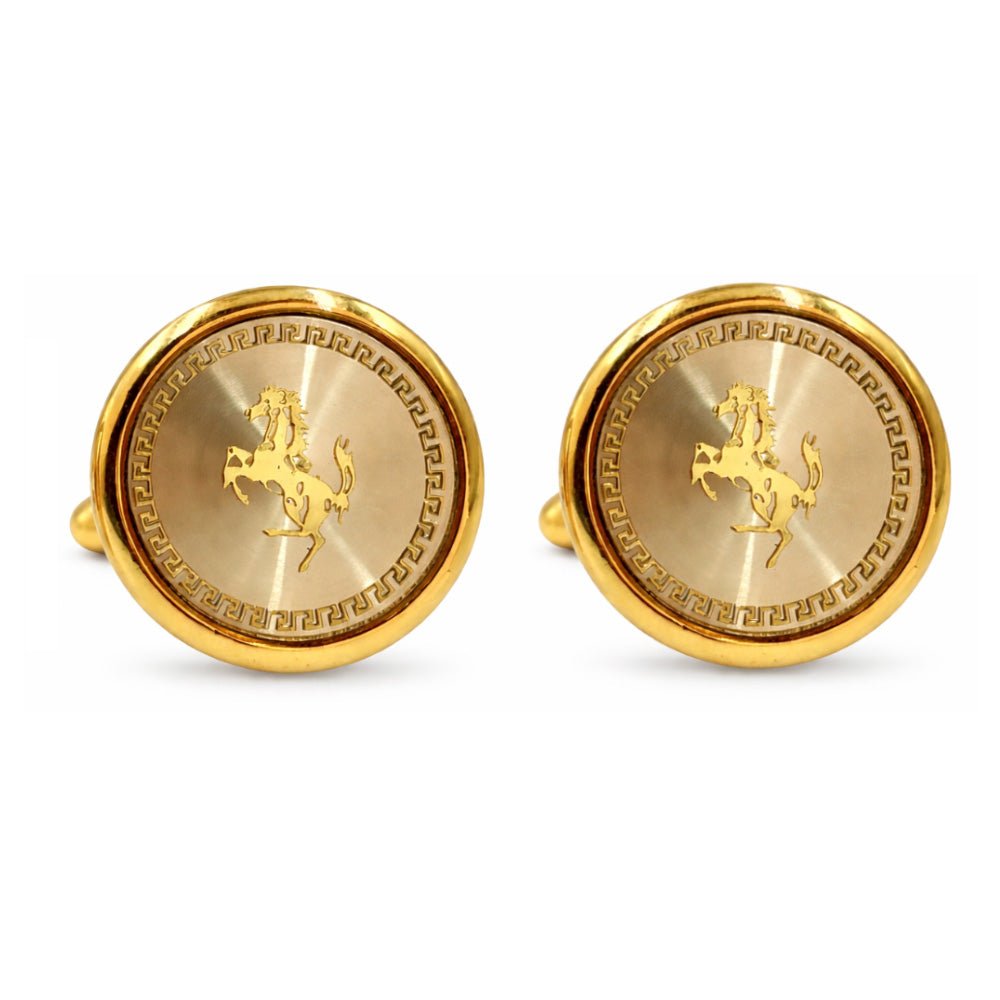 Gold - Tone Round Cufflinks for Men, Prancing Horse Engraved Design, Greek Key Border, Formal Wear Accessory - Lucas Lia