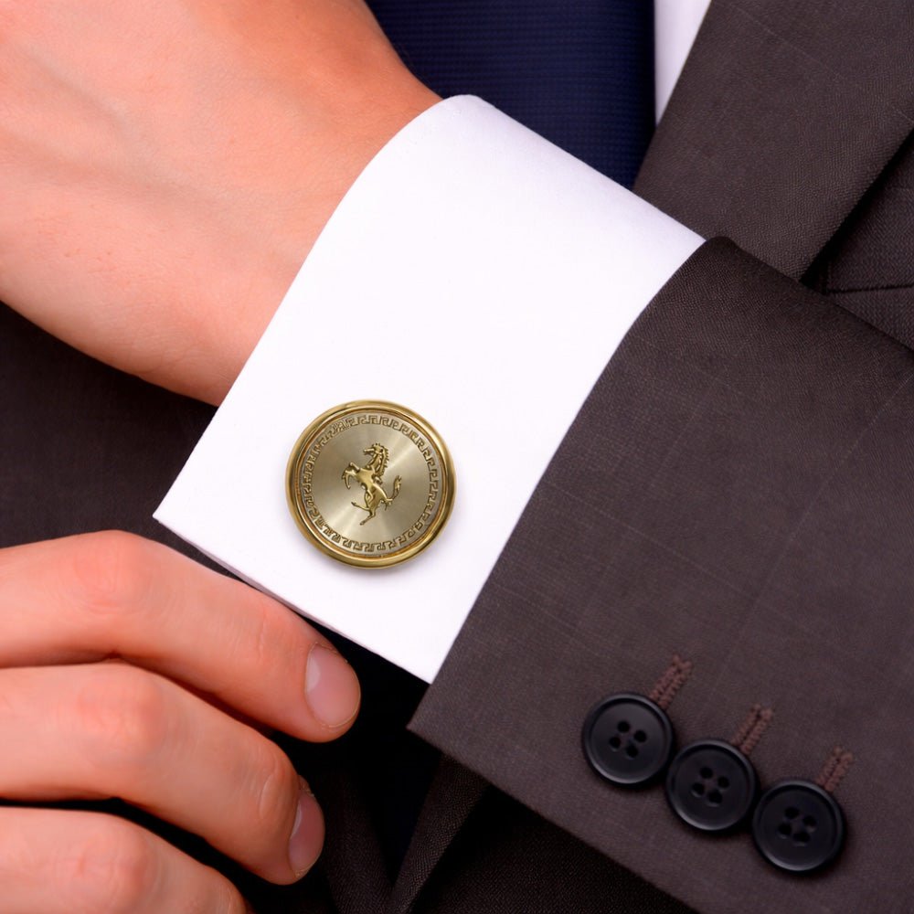 Gold-Tone Round Cufflinks for Men, Prancing Horse Engraved Design, Greek Key Border, Formal Wear Accessory