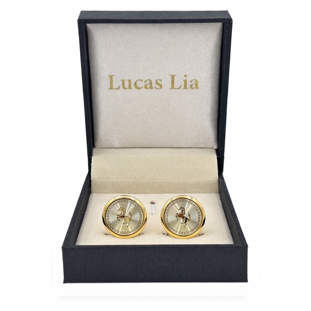 Gold-Tone Round Cufflinks for Men, Prancing Horse Engraved Design, Greek Key Border, Formal Wear Accessory