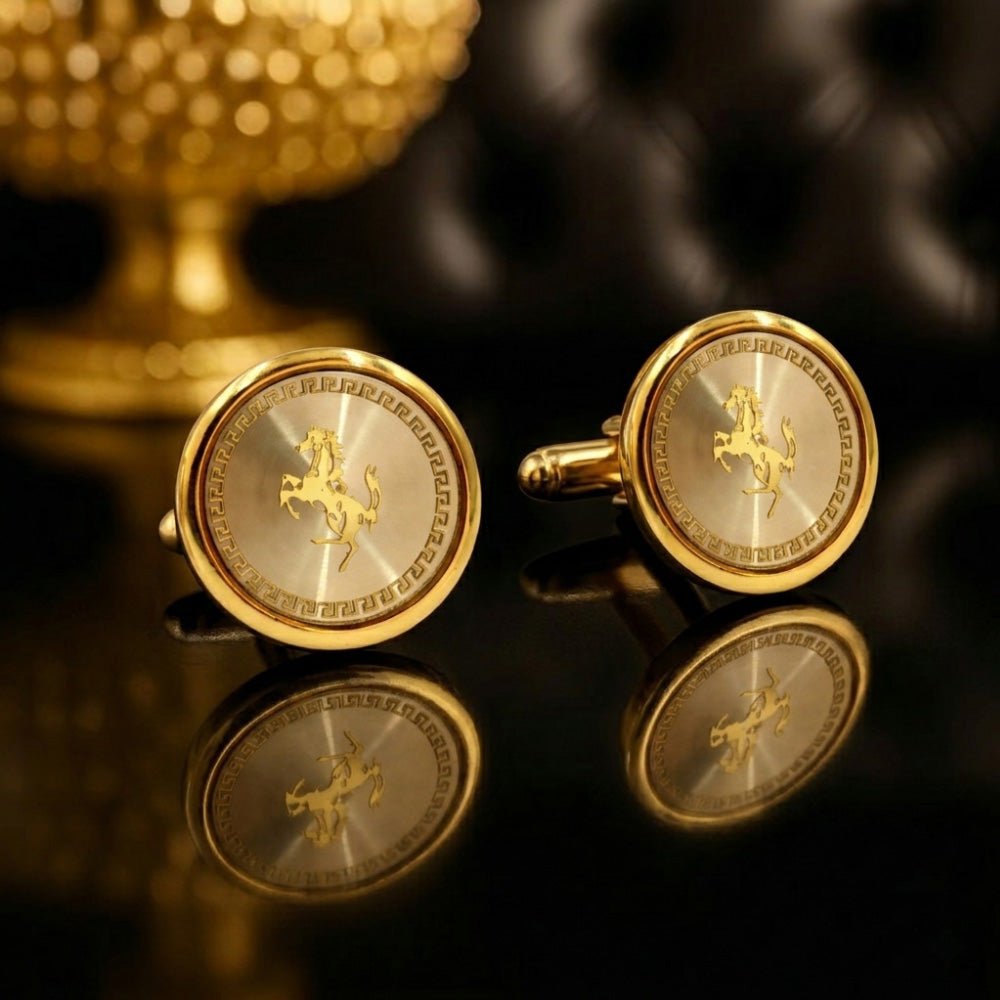 Gold-Tone Round Cufflinks for Men, Prancing Horse Engraved Design, Greek Key Border, Formal Wear Accessory