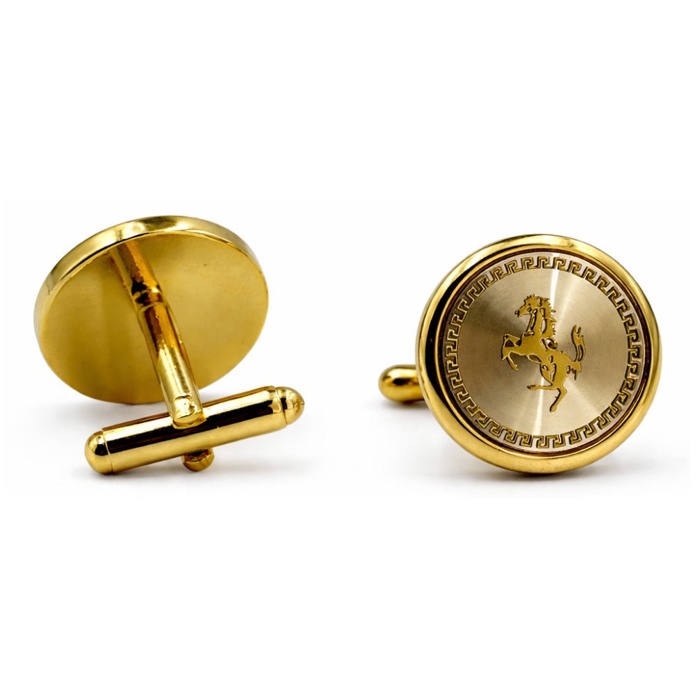 Gold-Tone Round Cufflinks for Men, Prancing Horse Engraved Design, Greek Key Border, Formal Wear Accessory