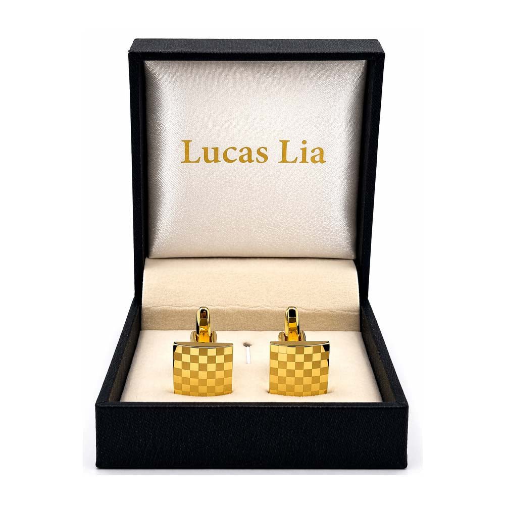 Gold-Tone Square Cufflinks, Checkered Pattern, Men's Formal Dress Shirt Accessories
