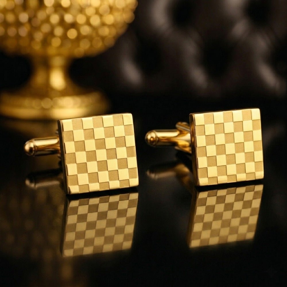 Gold-Tone Square Cufflinks, Checkered Pattern, Men's Formal Dress Shirt Accessories
