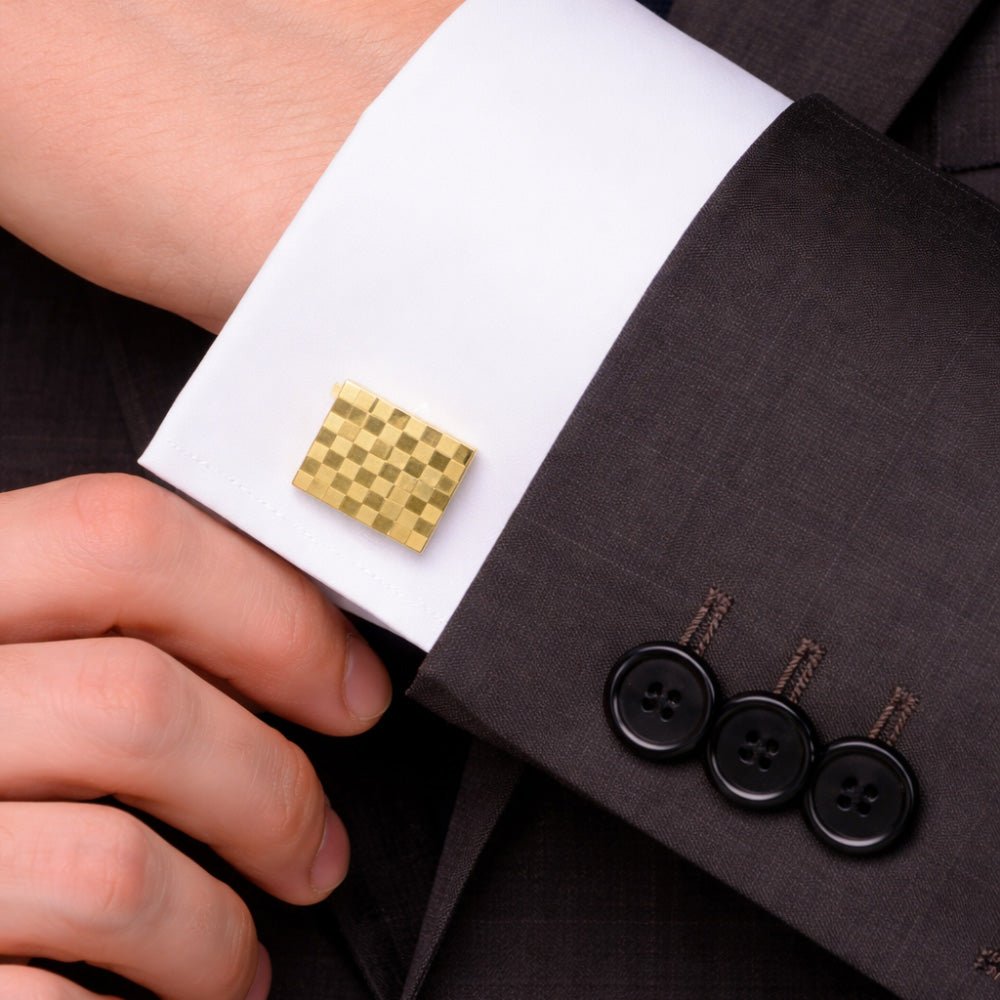 Gold-Tone Square Cufflinks, Checkered Pattern, Men's Formal Dress Shirt Accessories