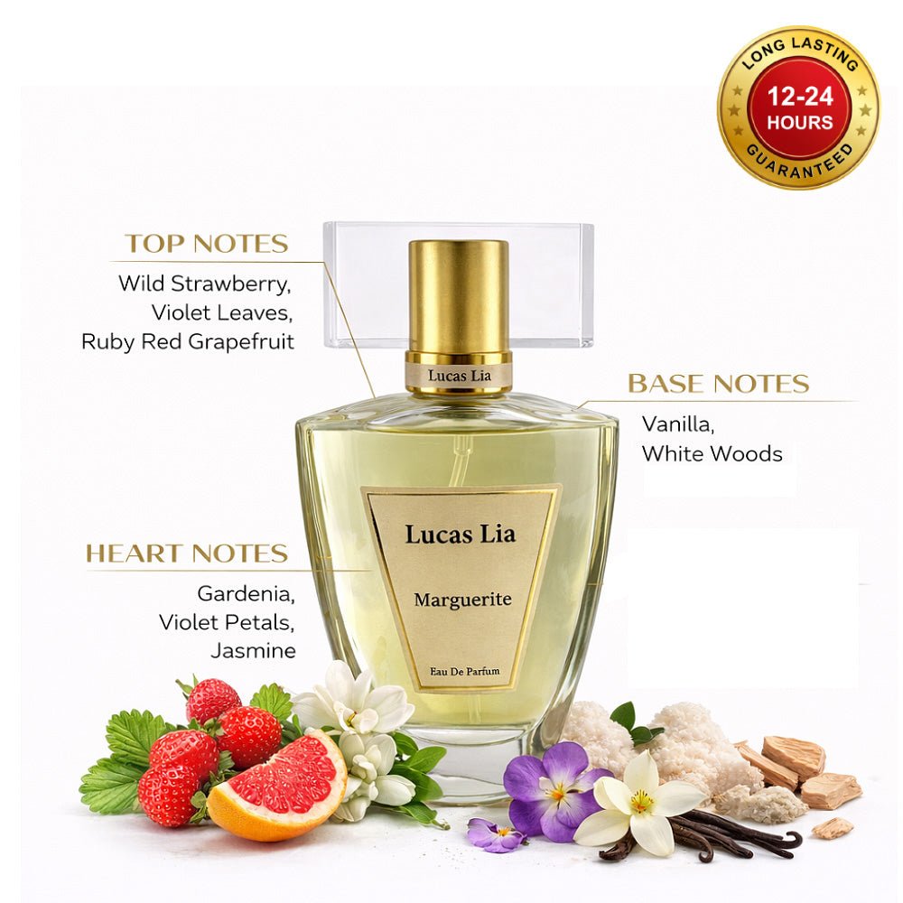 Marguerite Eau The Perfume For Woman, 12-24 Hours Lasting, Wild Strawberry, Violet Leaves, Violet Petals, Jasmine, White Musk, Vanilla.