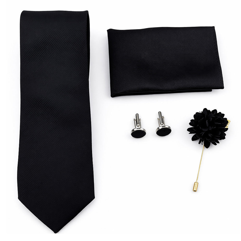 Men's Black Tie Set with Pocket Square, Cufflinks, and Lapel Pin, Formal Gift Box