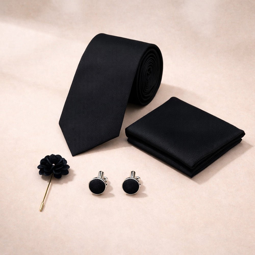 Men's Black Tie Set with Pocket Square, Cufflinks, and Lapel Pin, Formal Gift Box - Lucas Lia