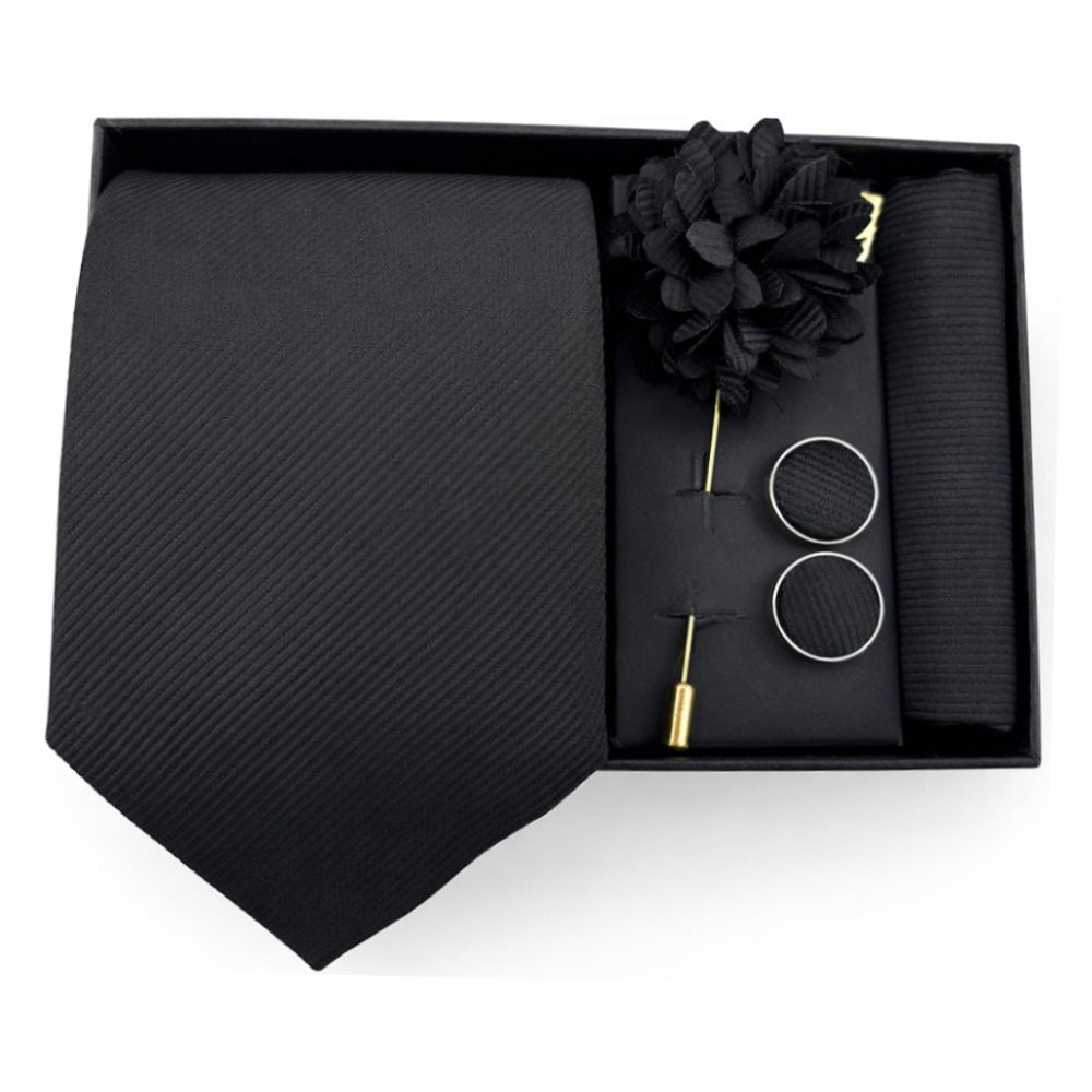 Men's Black Tie Set with Pocket Square, Cufflinks, and Lapel Pin, Formal Gift Box