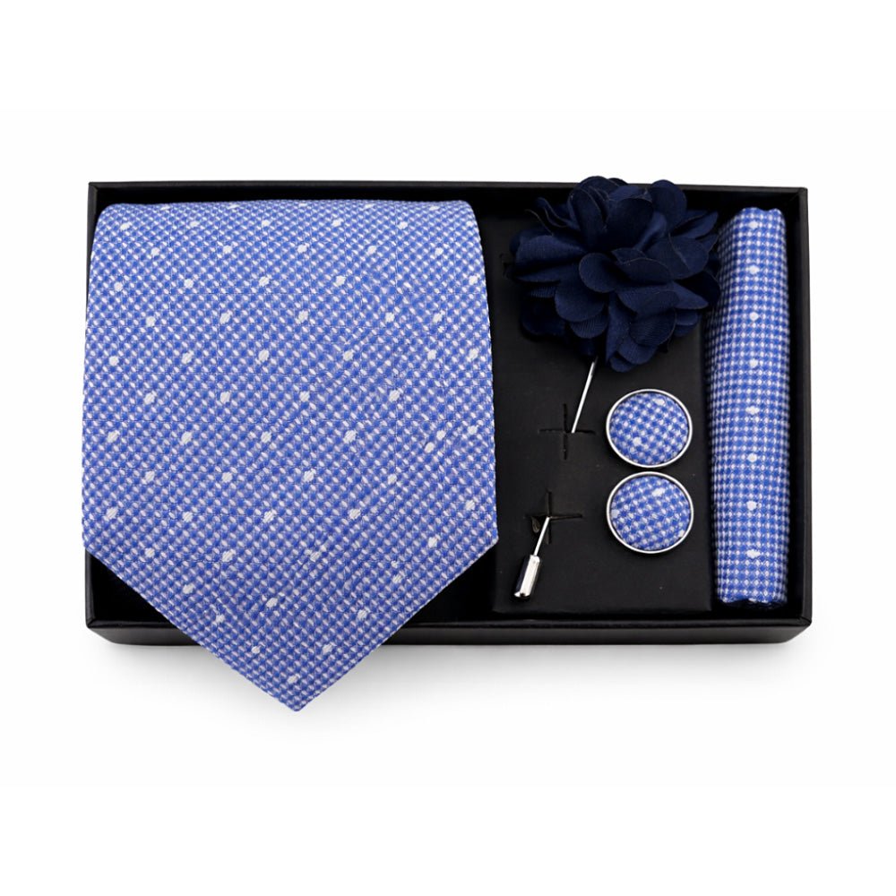 Men's Blue Polka Dot Tie Set with Pocket Square, Cufflinks, and Lapel Pin, Gift Box Included