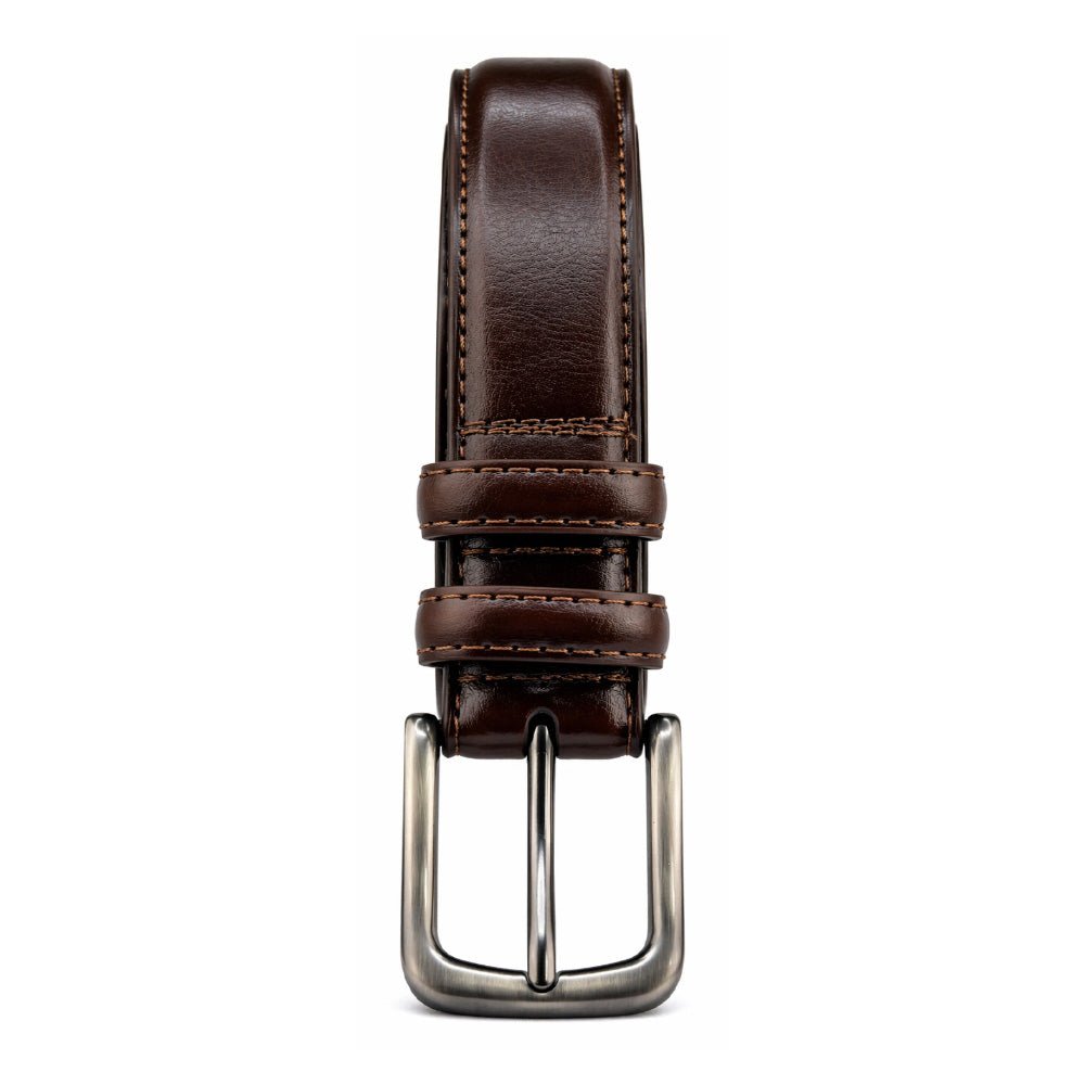 Men's Brown And Black Leather Belt with Pin Buckle, Classic Formal Style, Stitched Design