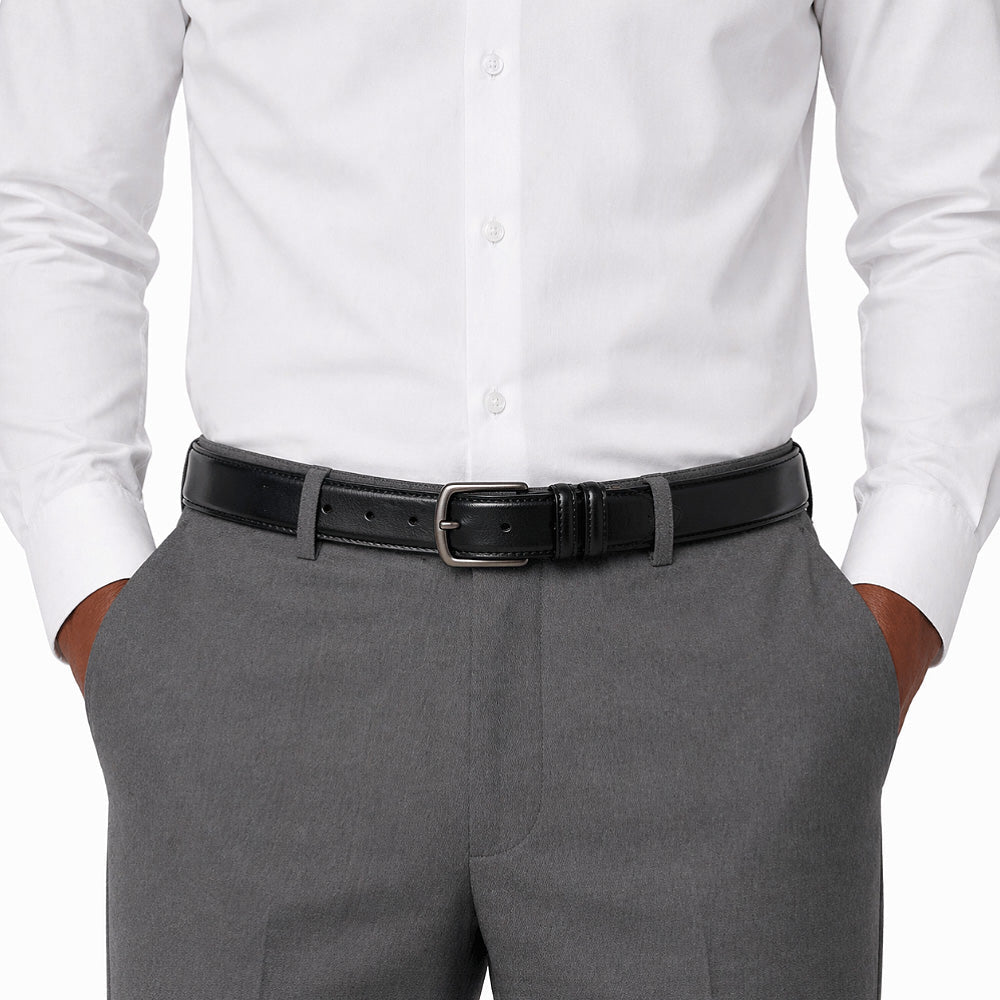 Men's Brown And Black Leather Belt with Pin Buckle, Classic Formal Style, Stitched Design