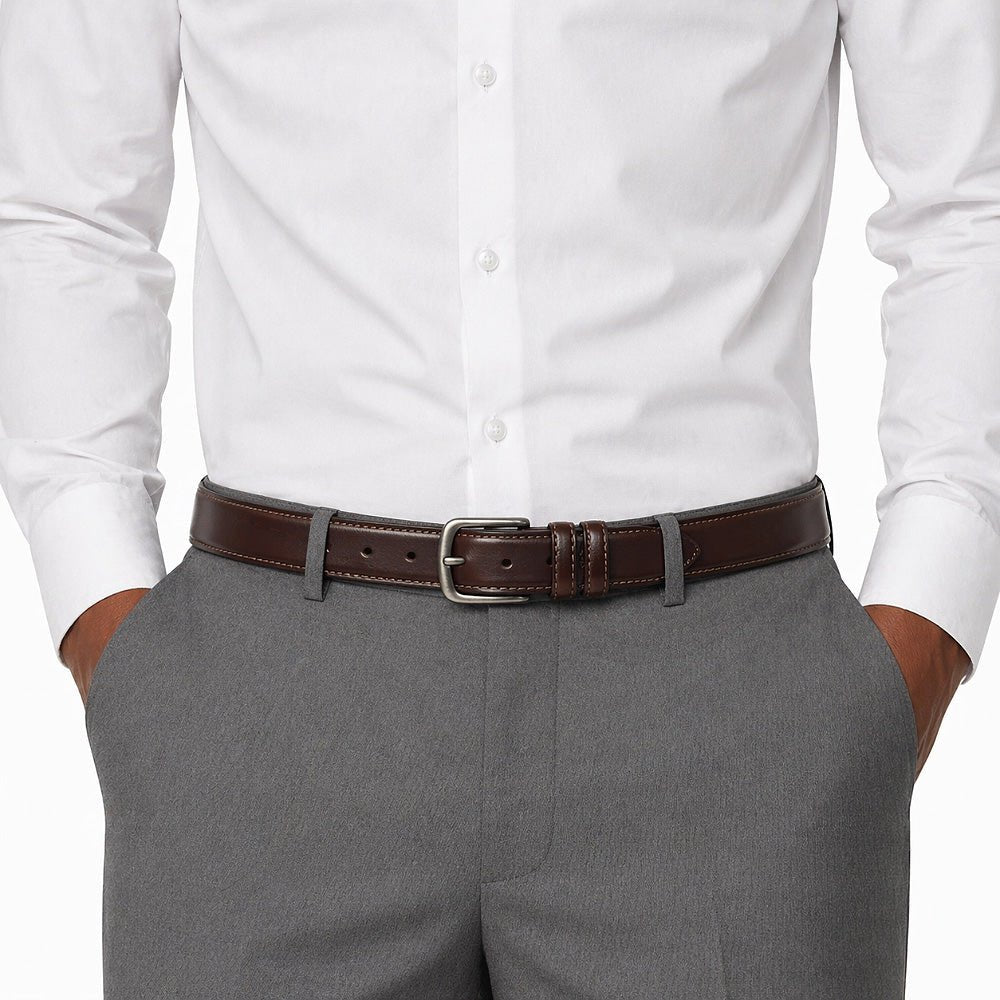 Men's Brown And Black Leather Belt with Pin Buckle, Classic Formal Style, Stitched Design