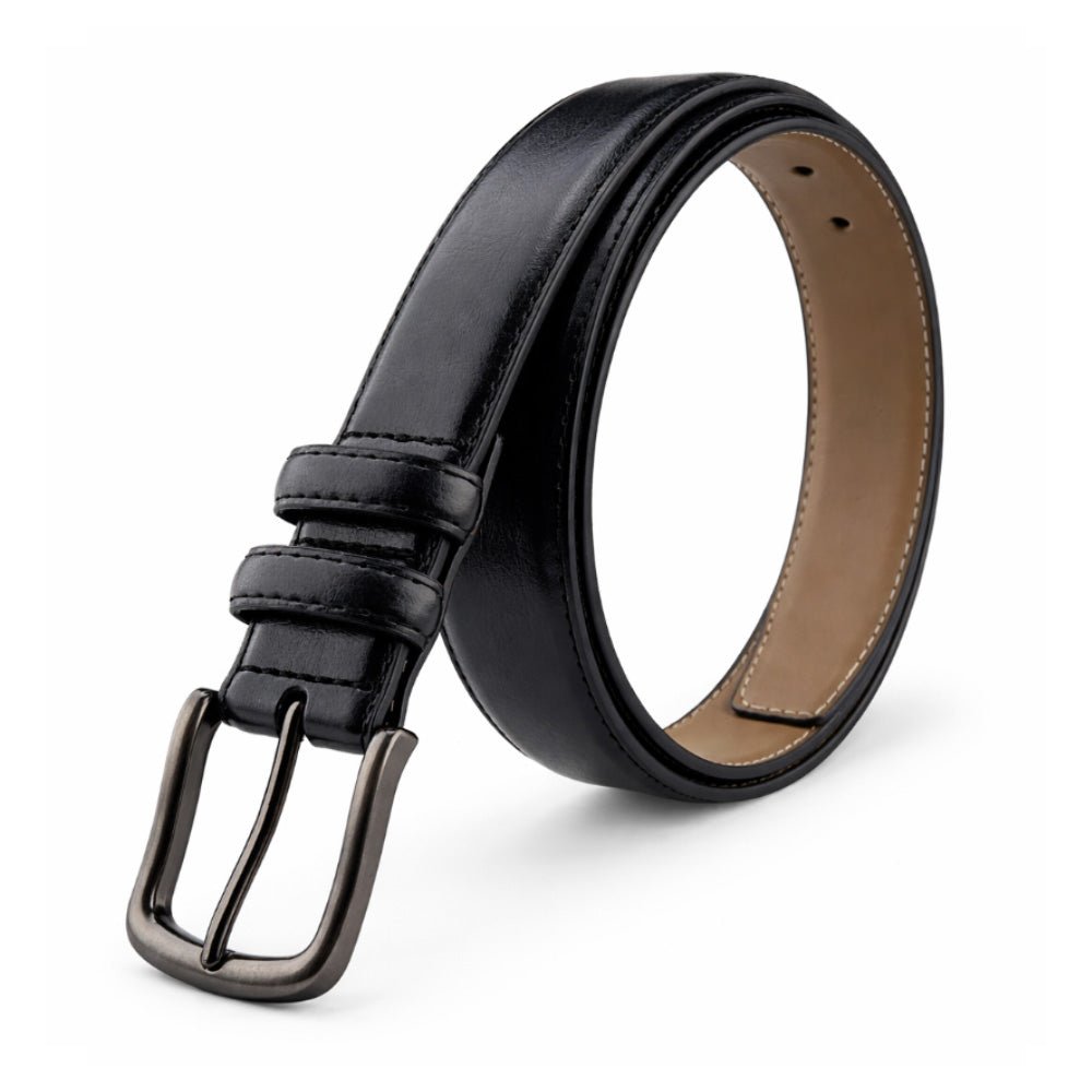 Men's Brown And Black Leather Belt with Pin Buckle, Classic Formal Style, Stitched Design - Lucas Lia