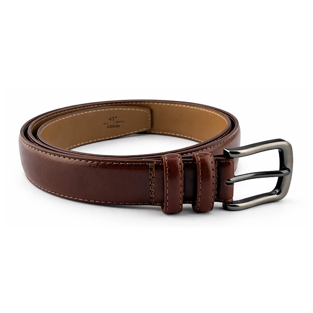 Men's Brown And Black Leather Belt with Pin Buckle, Classic Formal Style, Stitched Design
