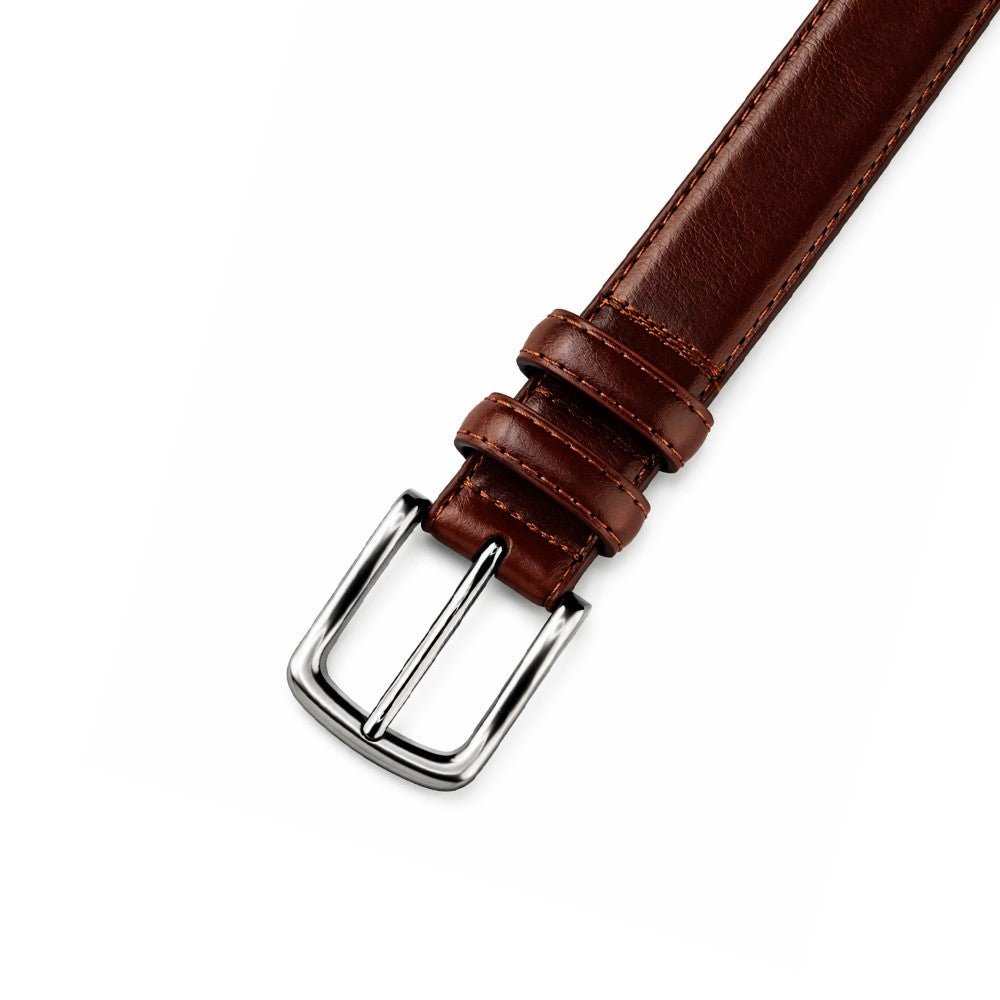 Men's Brown And Black Leather Belt with Pin Buckle, Classic Formal Style, Stitched Design