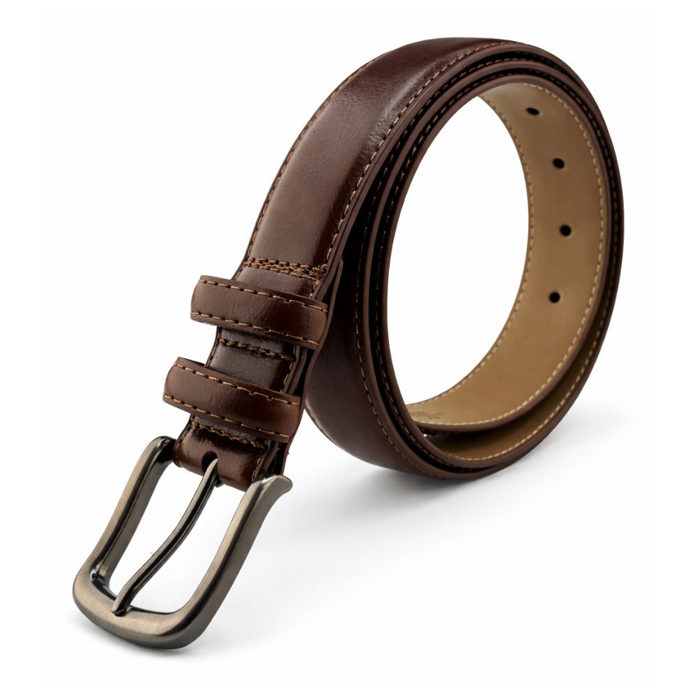 Men's Brown And Black Leather Belt with Pin Buckle, Classic Formal Style, Stitched Design