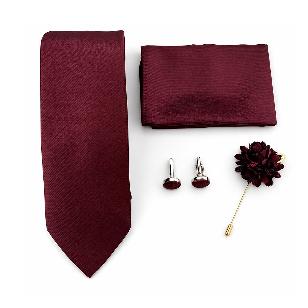 Men's Burgundy Tie Set with Pocket Square, Cufflinks, and Lapel Pin, Formal Gift Box