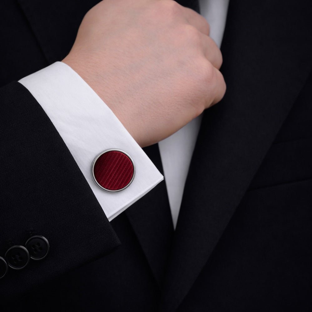 Men's Burgundy Tie Set with Pocket Square, Cufflinks, and Lapel Pin, Formal Gift Box