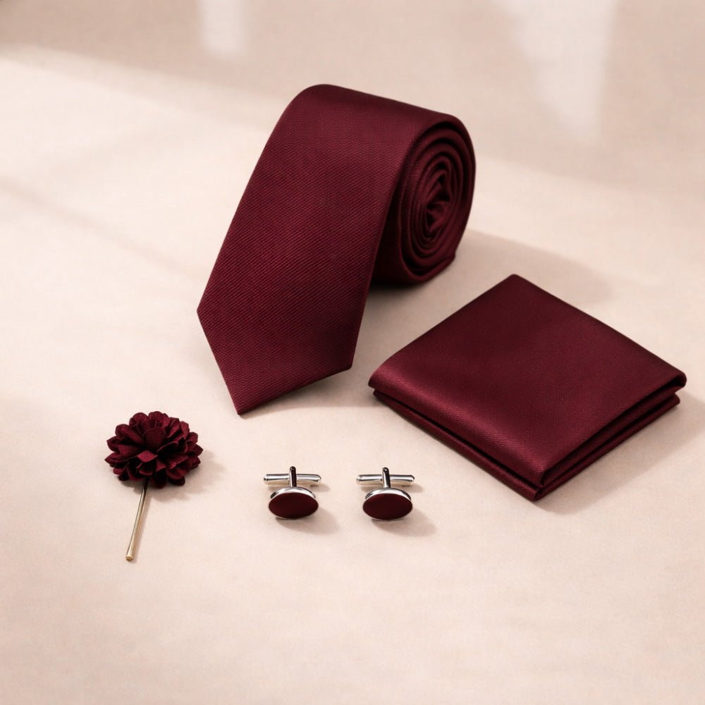 Men's Burgundy Tie Set with Pocket Square, Cufflinks, and Lapel Pin, Formal Gift Box - Lucas Lia