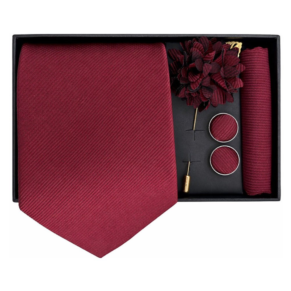 Men's Burgundy Tie Set with Pocket Square, Cufflinks, and Lapel Pin, Formal Gift Box