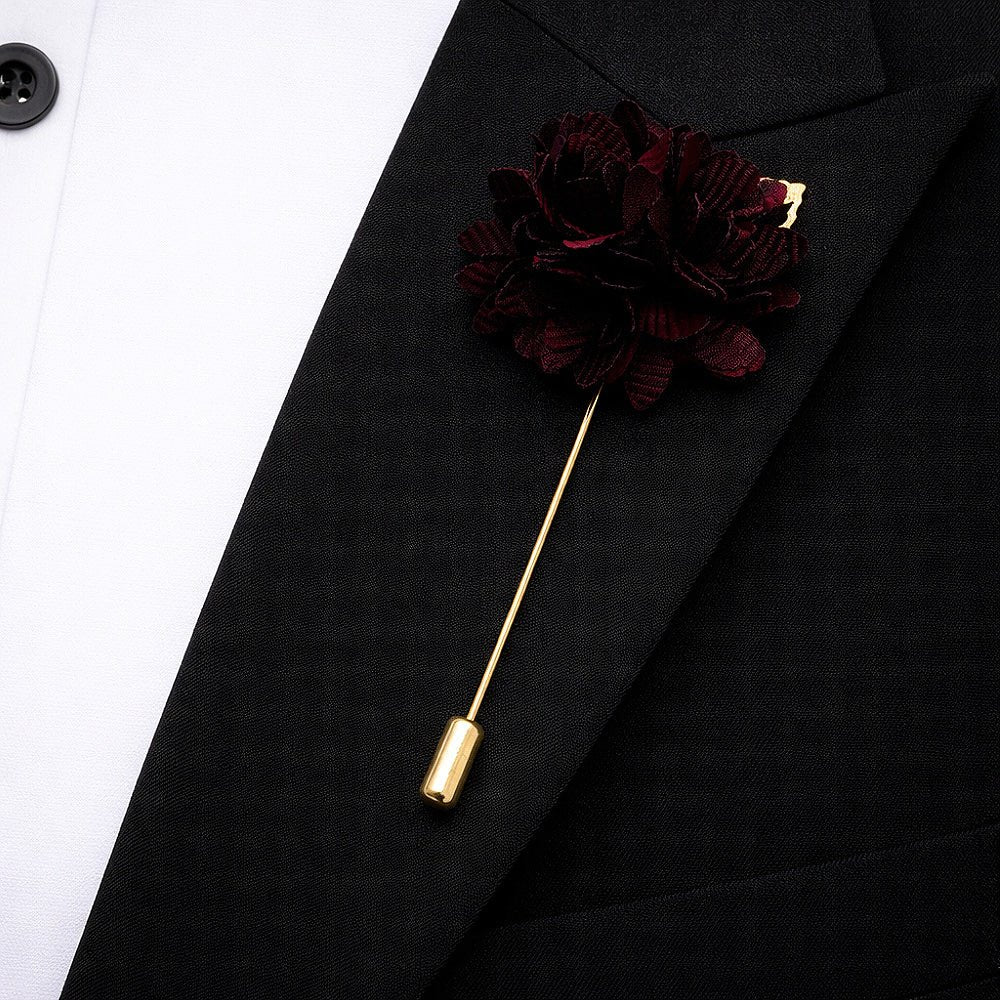 Men's Burgundy Tie Set with Pocket Square, Cufflinks, and Lapel Pin, Formal Gift Box