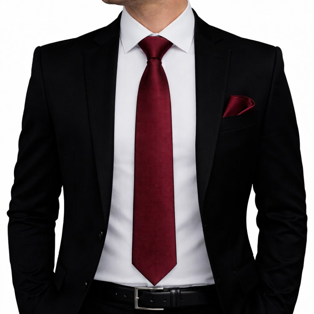 Men's Burgundy Tie Set with Pocket Square, Cufflinks, and Lapel Pin, Formal Gift Box