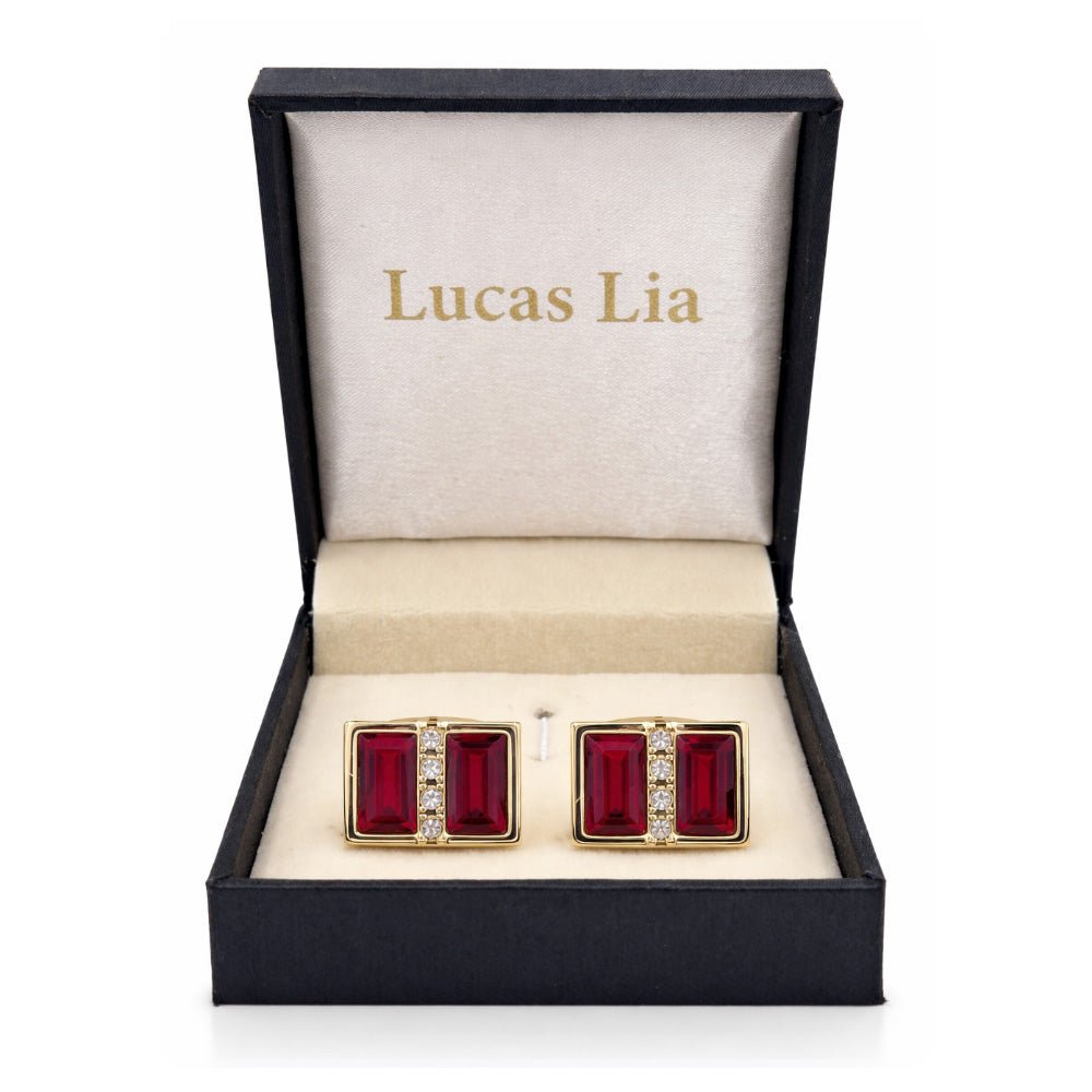 Men's Cufflinks, Gold-Tone Rectangular, Red Crystal Gemstone with Clear Rhinestone Accents, Formal Dress Accessory