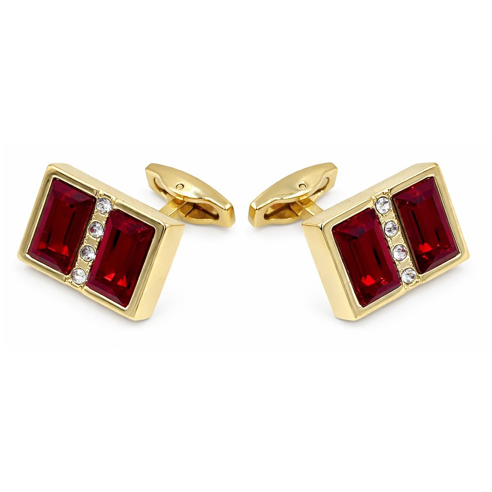 Men's Cufflinks, Gold-Tone Rectangular, Red Crystal Gemstone with Clear Rhinestone Accents, Formal Dress Accessory