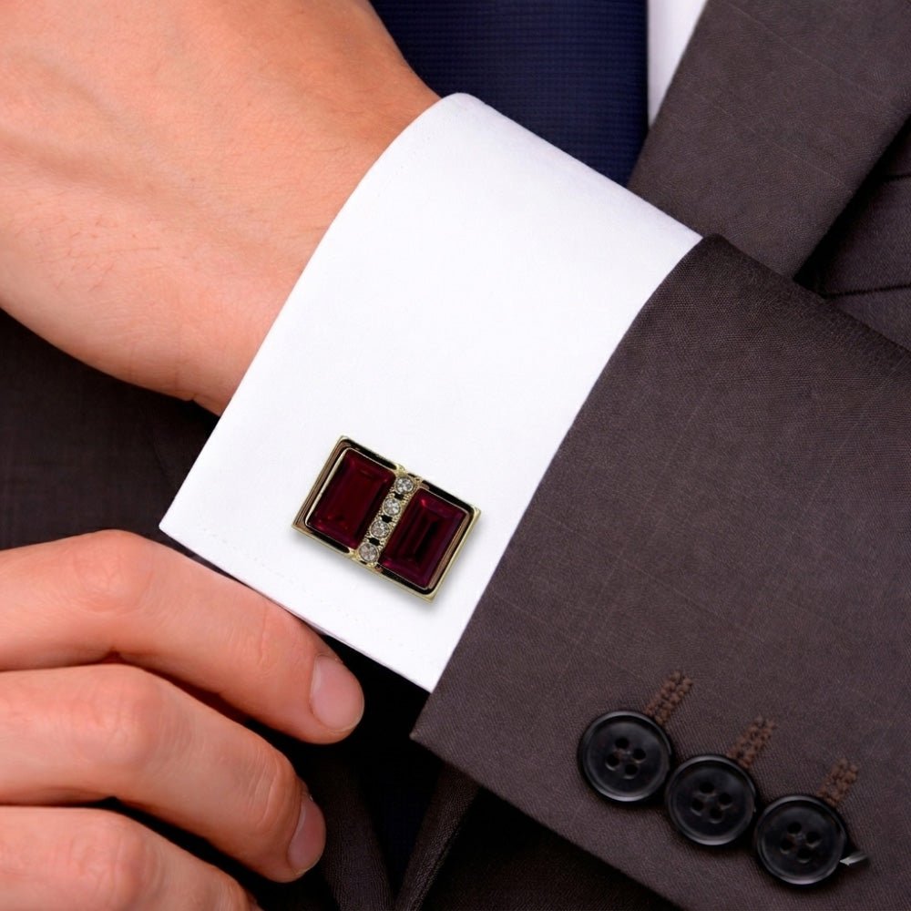 Men's Cufflinks, Gold-Tone Rectangular, Red Crystal Gemstone with Clear Rhinestone Accents, Formal Dress Accessory