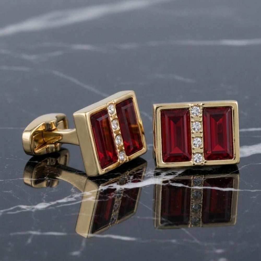 Men's Cufflinks, Gold-Tone Rectangular, Red Crystal Gemstone with Clear Rhinestone Accents, Formal Dress Accessory