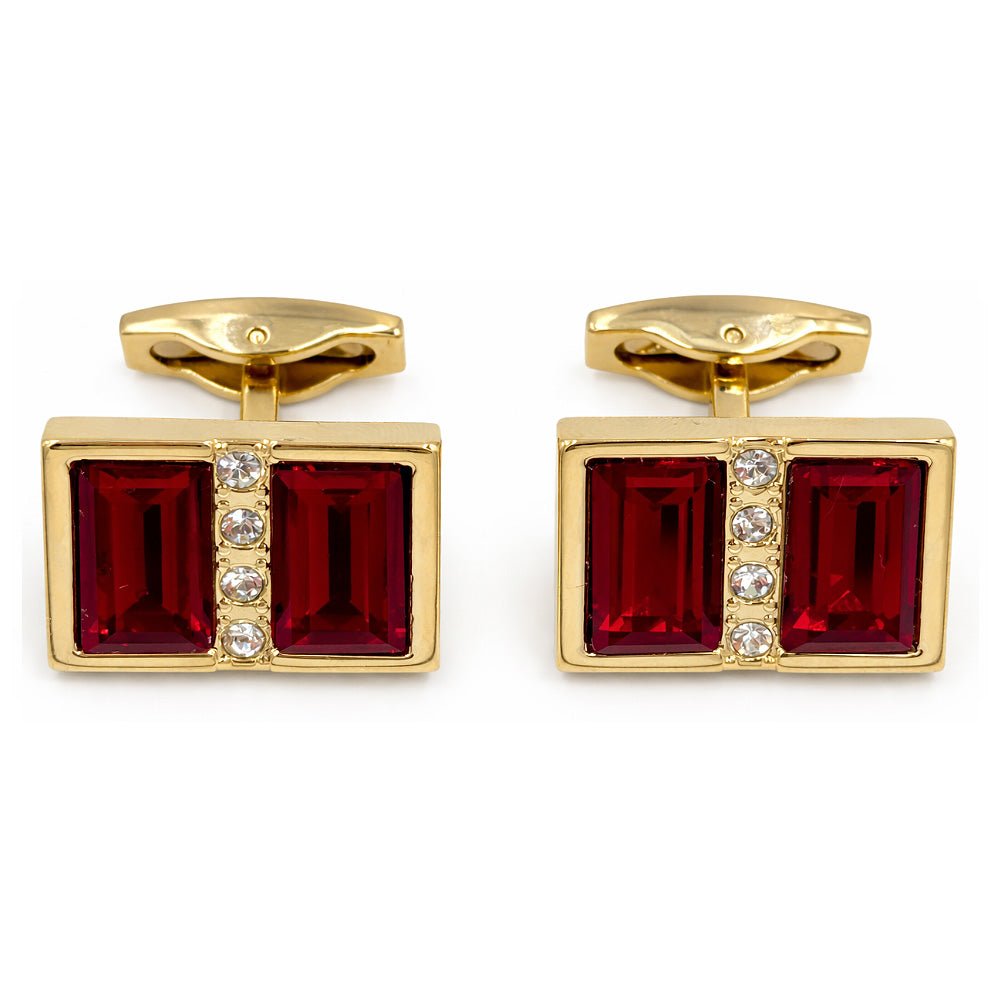 Men's Cufflinks, Gold - Tone Rectangular, Red Crystal Gemstone with Clear Rhinestone Accents, Formal Dress Accessory - Lucas Lia