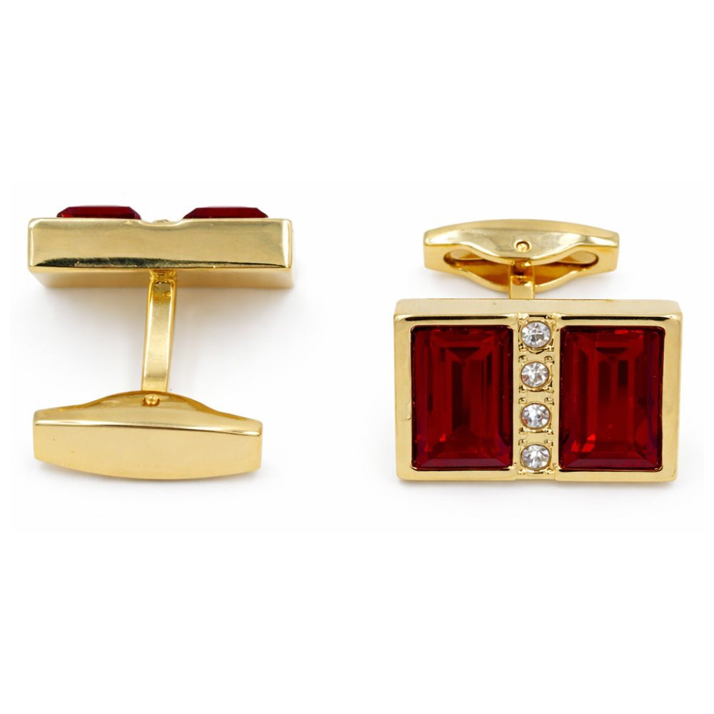 Men's Cufflinks, Gold-Tone Rectangular, Red Crystal Gemstone with Clear Rhinestone Accents, Formal Dress Accessory